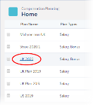 Annotated screenshot showing the Compensation Planning Home page with a plan selected